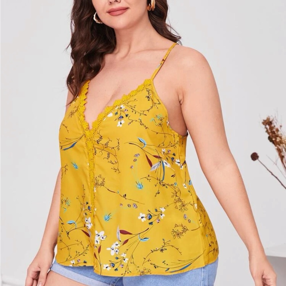 Mustard Yellow Cami with Floral Print and Lace Crochet Insert and Trim
